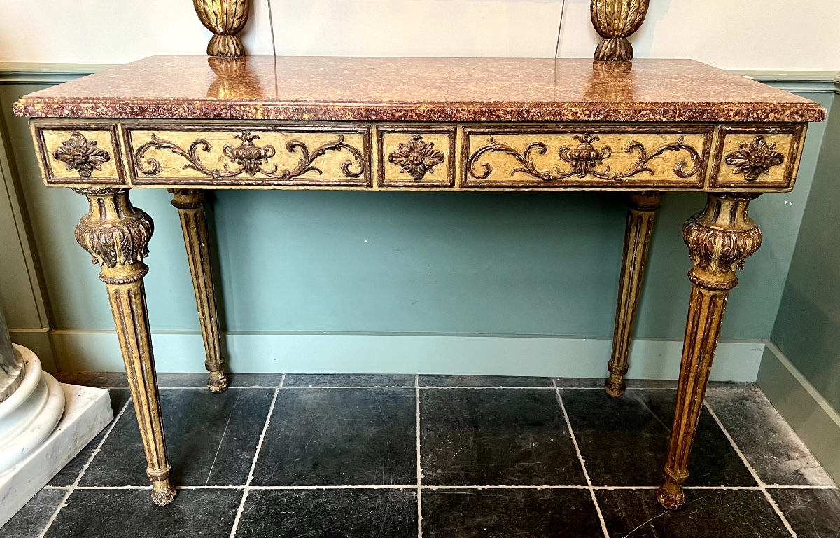 Patinated And Gilded Console From Tuscany, Italian Neoclassicism, 18th Century, Louis XVI Style