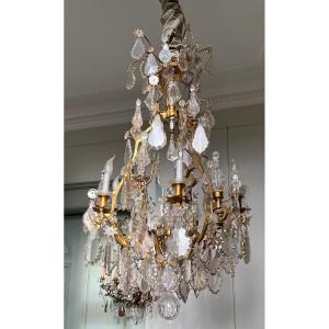 Chandelier Signed Maison Mottheau In Cage Form In Gilt Bronze And Cut Glass 