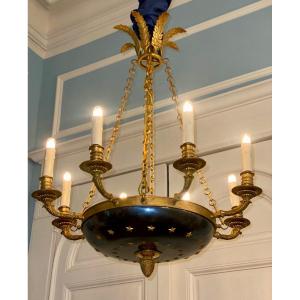 Chandelier De Style Empire En Bronze Doré & Acier Bleui