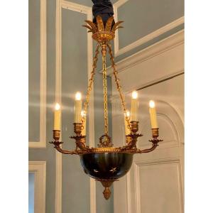 Gilded Bronze & Steel Blue Empire Style Chandelier 