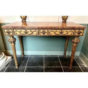 Patinated And Gilded Console From Tuscany, Italian Neoclassicism, 18th Century, Louis XVI Style