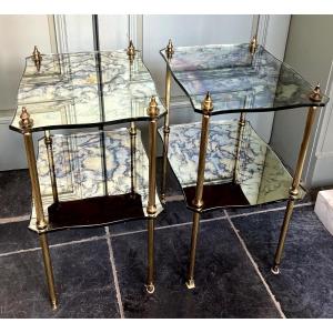 Paire De Bouts De Canapé En Bronze & Plateaux Miroirs 