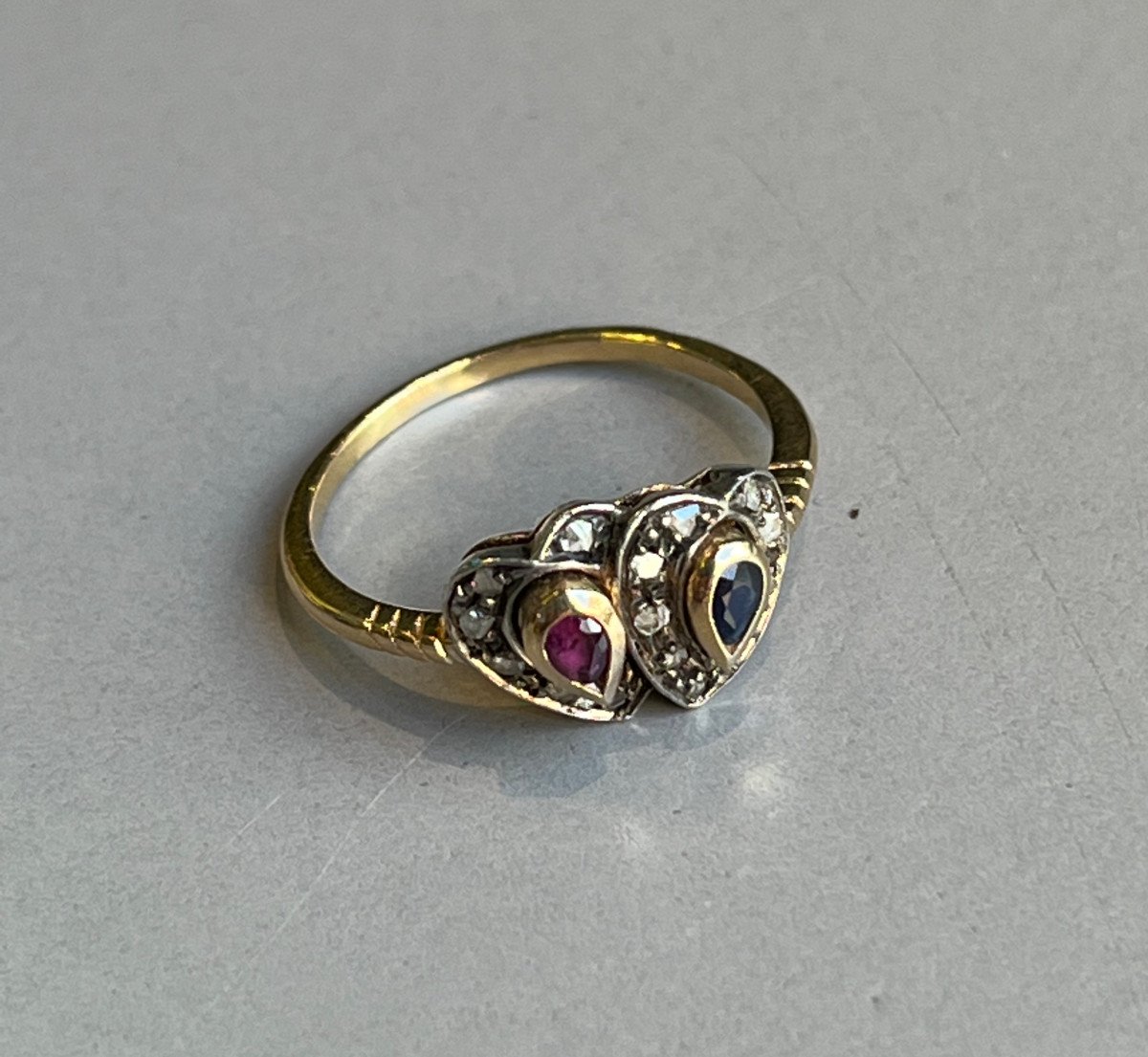 Bague ancienne double coeur saphir,rubis et diamants.XIXème-photo-6