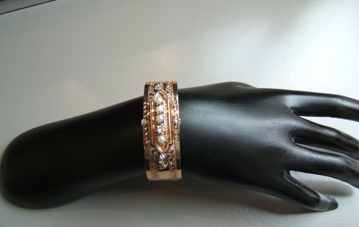 Rose Gold Bracelet, Diamonds And Pearls. XIXth-photo-2