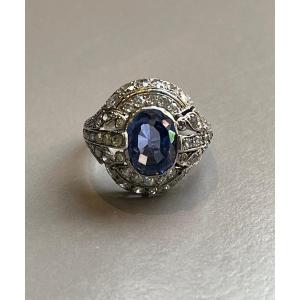 Platinum Ring, Natural Ceylon Sapphire, Diamonds, Art Deco Period.