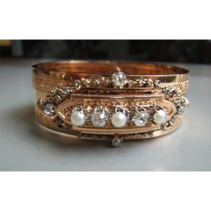 Rose Gold Bracelet, Diamonds And Pearls. XIXth