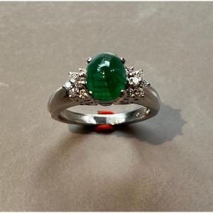 Ring In Platinum, Emerald Cabochon And Diamonds. 20th Century