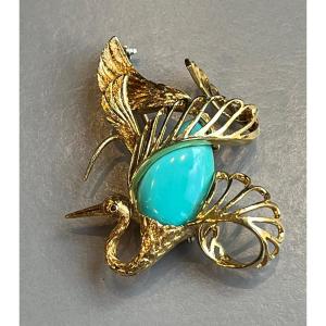 Gold Brooch "bird Of Paradise" 20th Century