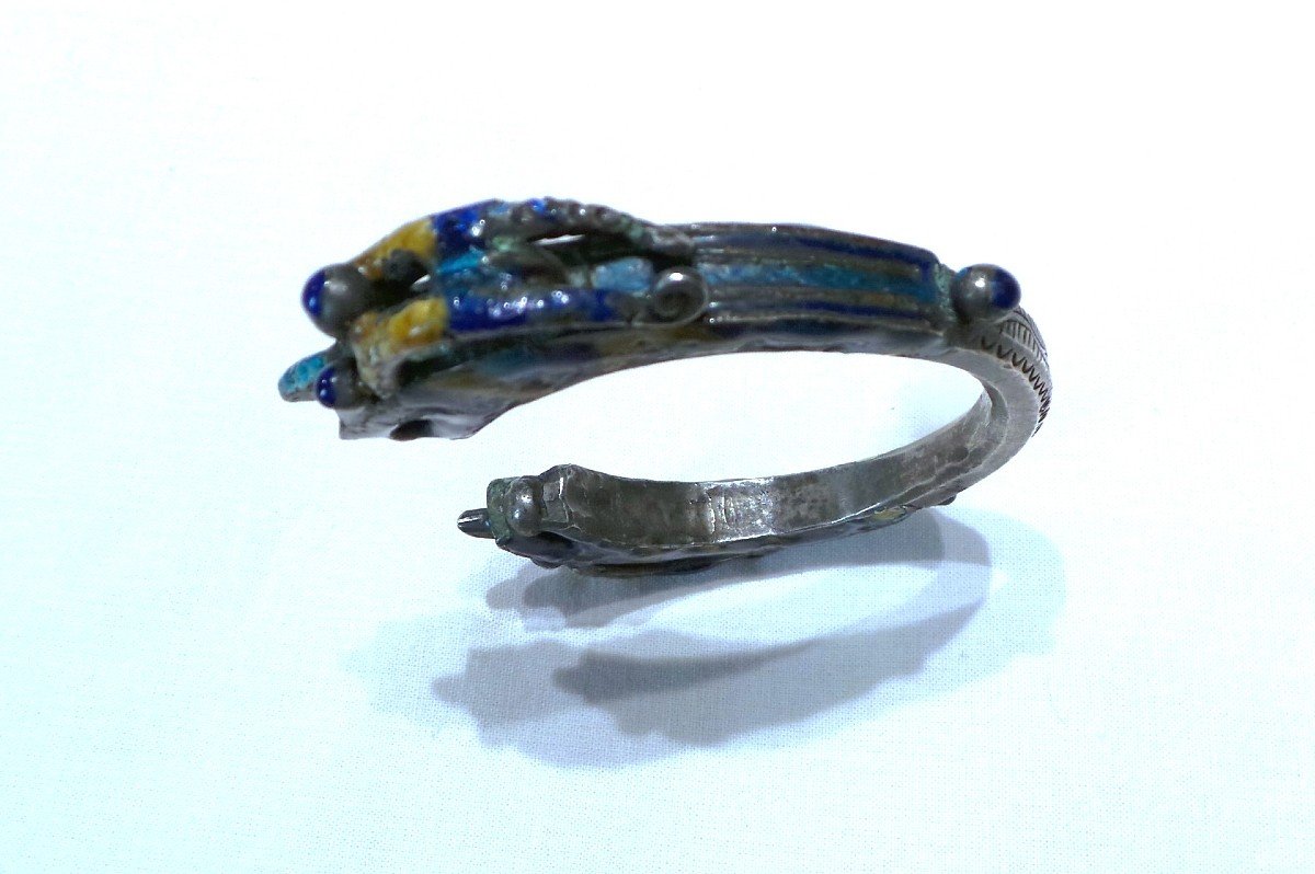 BRACELET ETHNIQUE PEUPLE  - YAO ( ASIE)- EMAIL POLYCHROME A TETE DE DRAGON RYU AFFRONTEES- XIX°-photo-5