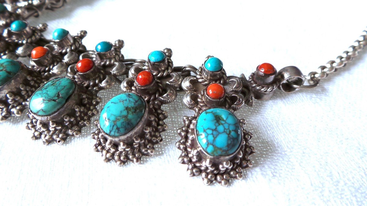 COLLIER AMERINDIENS " NAVAJO " -ARGENT 925 -TURQUOISE-CORAIL --photo-6