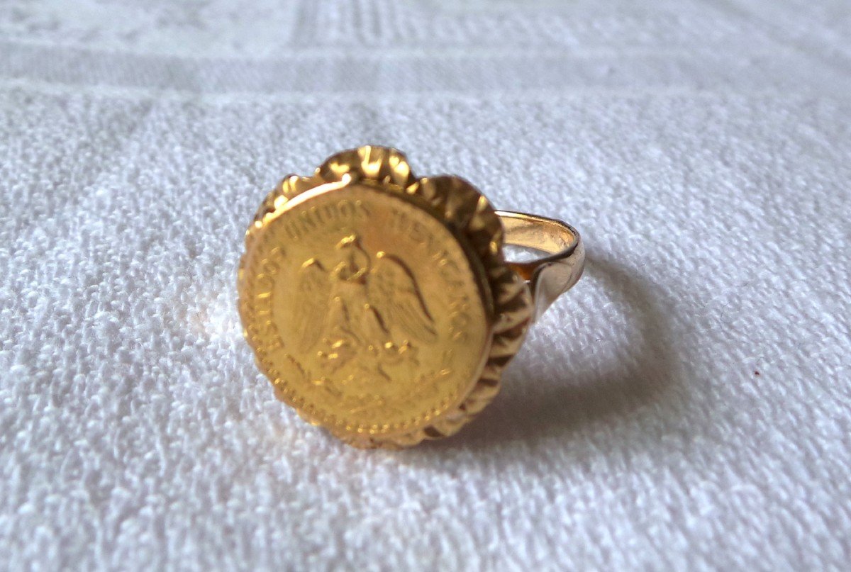 18k Gold Lady's Ring With 18k Gold Mexican Coin - Owl Hallmark - XX°-photo-2