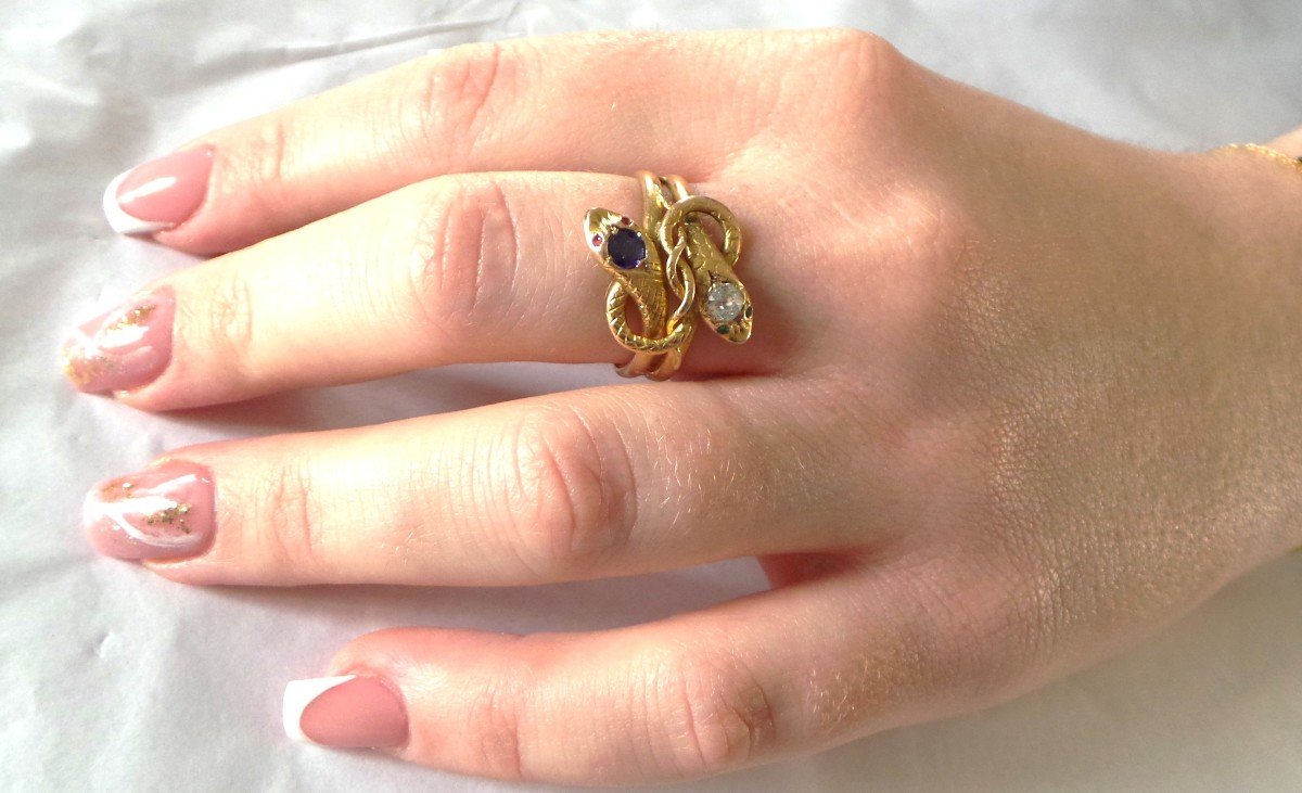 Ring Pair Of Knotted Snakes 18k Gold - Eagle Head - Diamonds - Sapphire - Ruby - Emerald - -photo-2