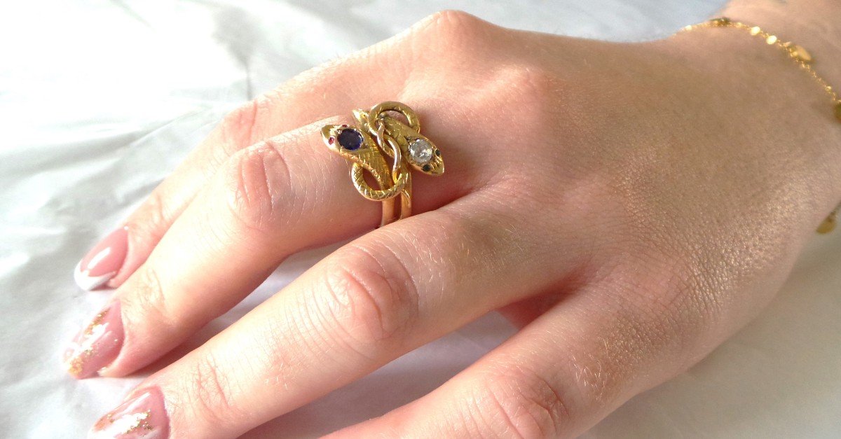 Ring Pair Of Knotted Snakes 18k Gold - Eagle Head - Diamonds - Sapphire - Ruby - Emerald - -photo-3