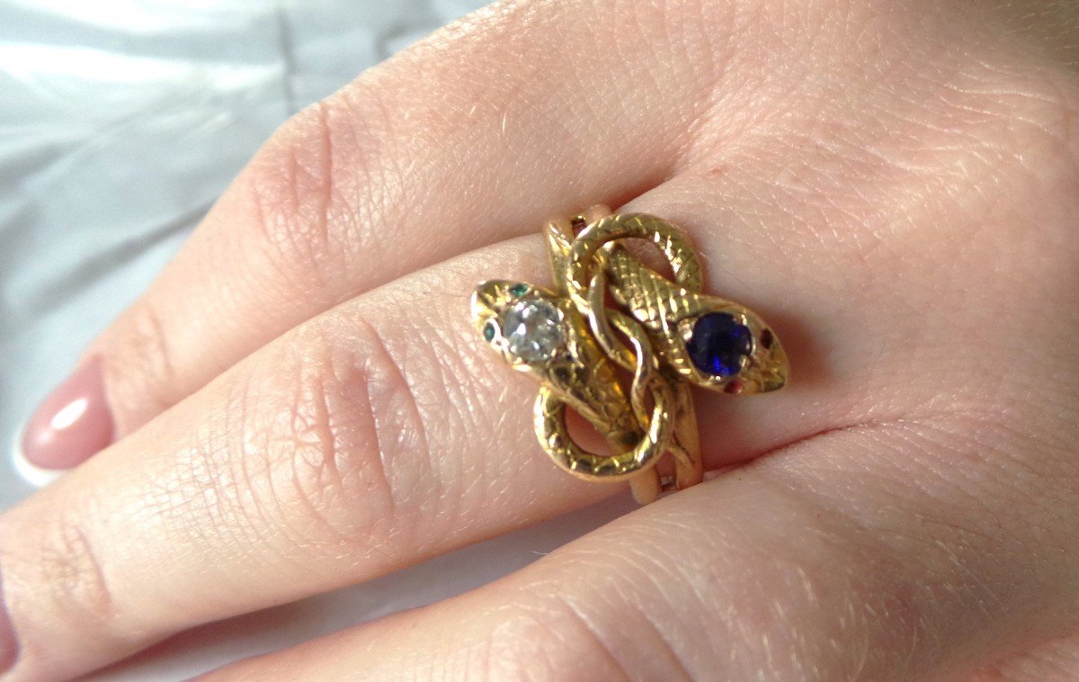 Ring Pair Of Knotted Snakes 18k Gold - Eagle Head - Diamonds - Sapphire - Ruby - Emerald - 