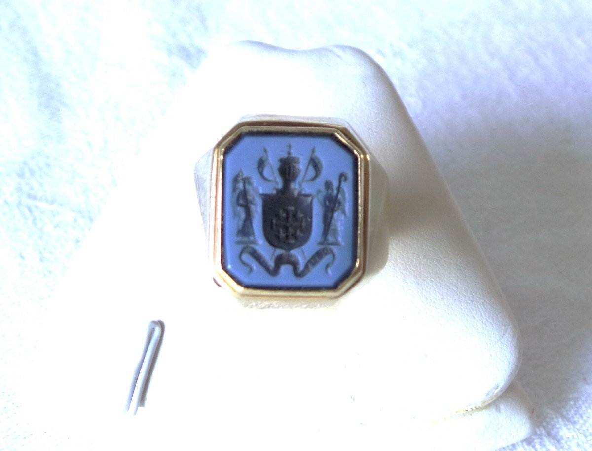 Signet Ring Coat Of Arms Of The Equestrian Order Of The Holy Sepulcher Of Jerusalem - Gold & Agate -photo-2