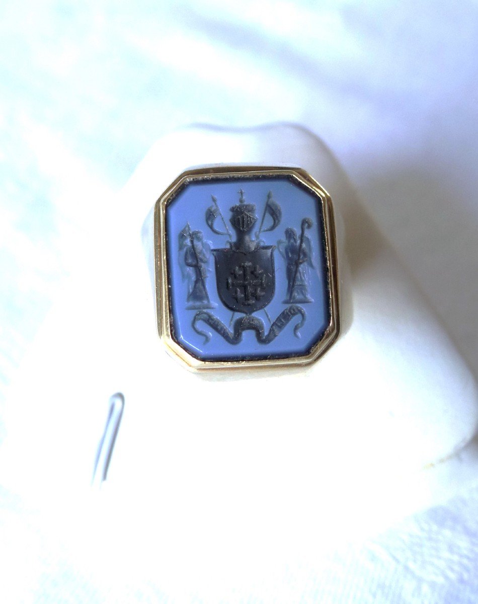 Signet Ring Coat Of Arms Of The Equestrian Order Of The Holy Sepulcher Of Jerusalem - Gold & Agate -photo-2