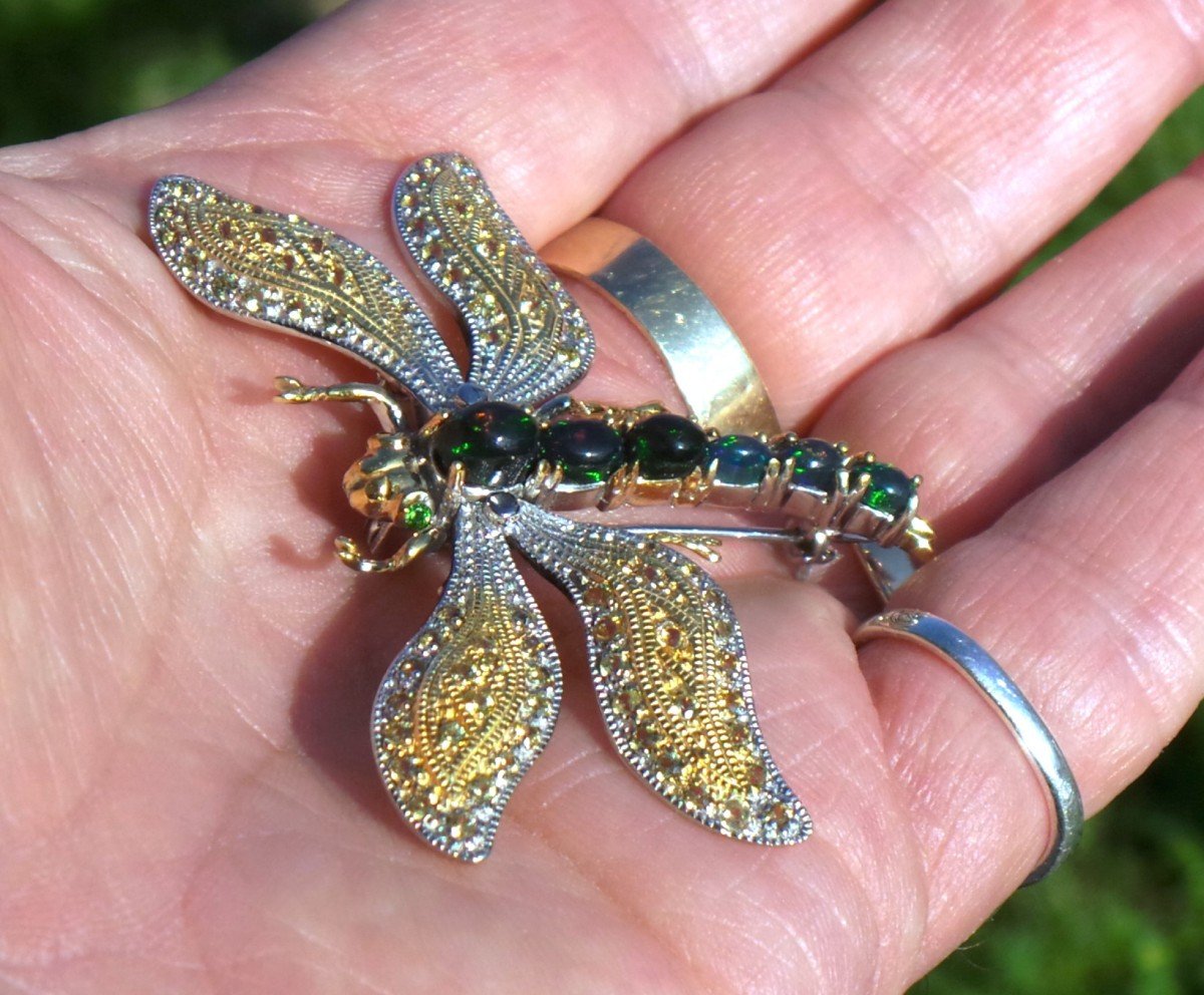 "dragonfly" Brooch Pendant In Silver & Vermeil - Black Opals - Yellow Sapphires - XX°-photo-2