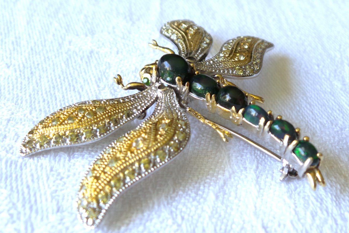 "dragonfly" Brooch Pendant In Silver & Vermeil - Black Opals - Yellow Sapphires - XX°-photo-3