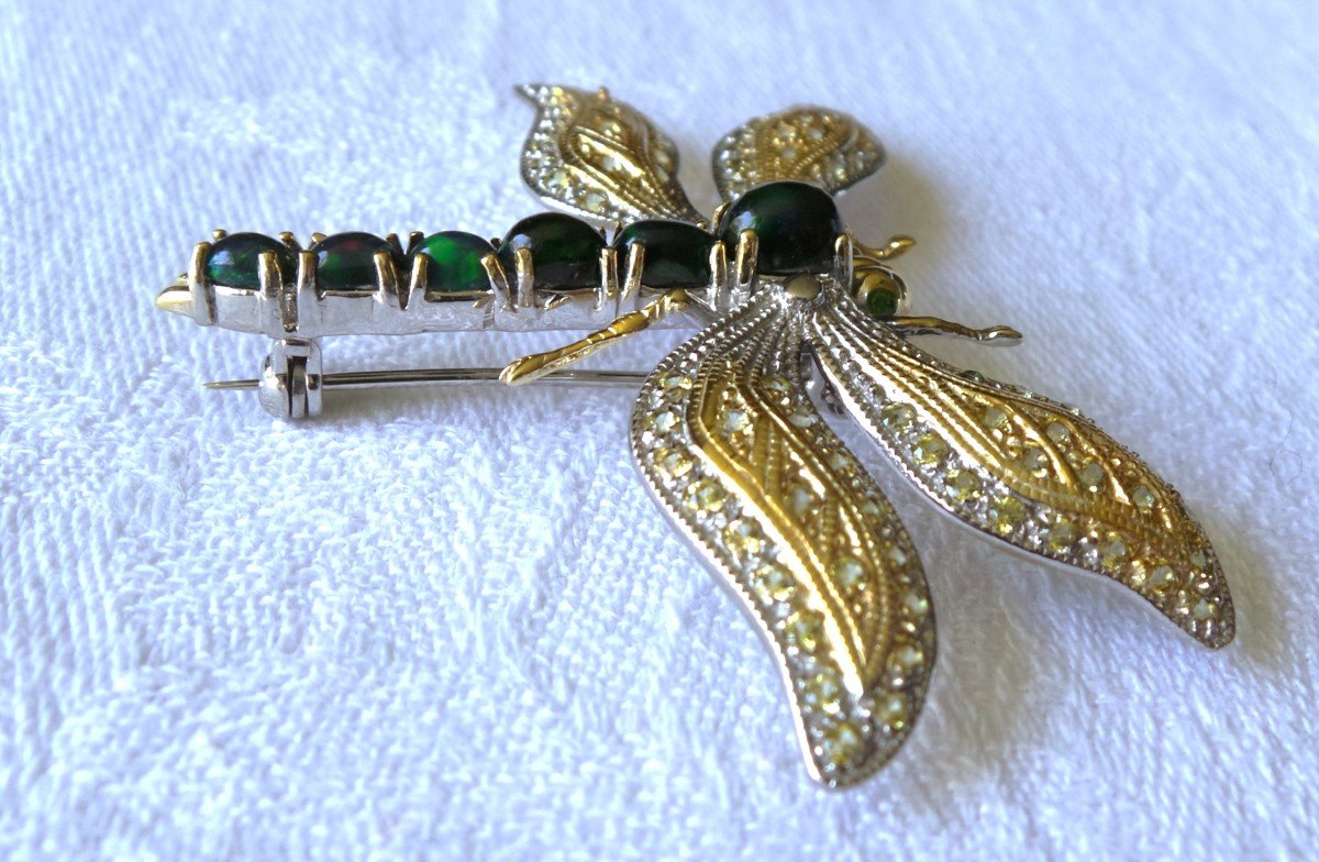 "dragonfly" Brooch Pendant In Silver & Vermeil - Black Opals - Yellow Sapphires - XX°-photo-4