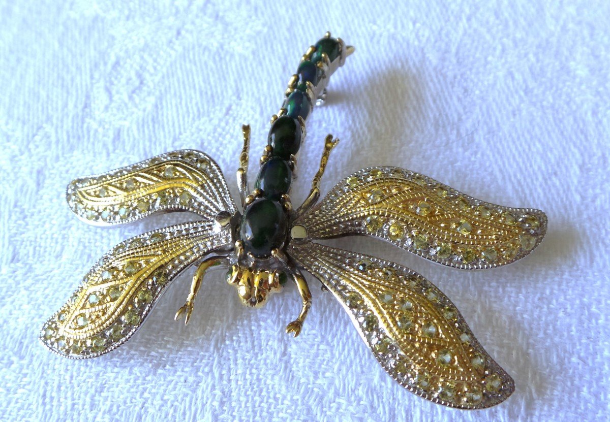 "dragonfly" Brooch Pendant In Silver & Vermeil - Black Opals - Yellow Sapphires - XX°-photo-1