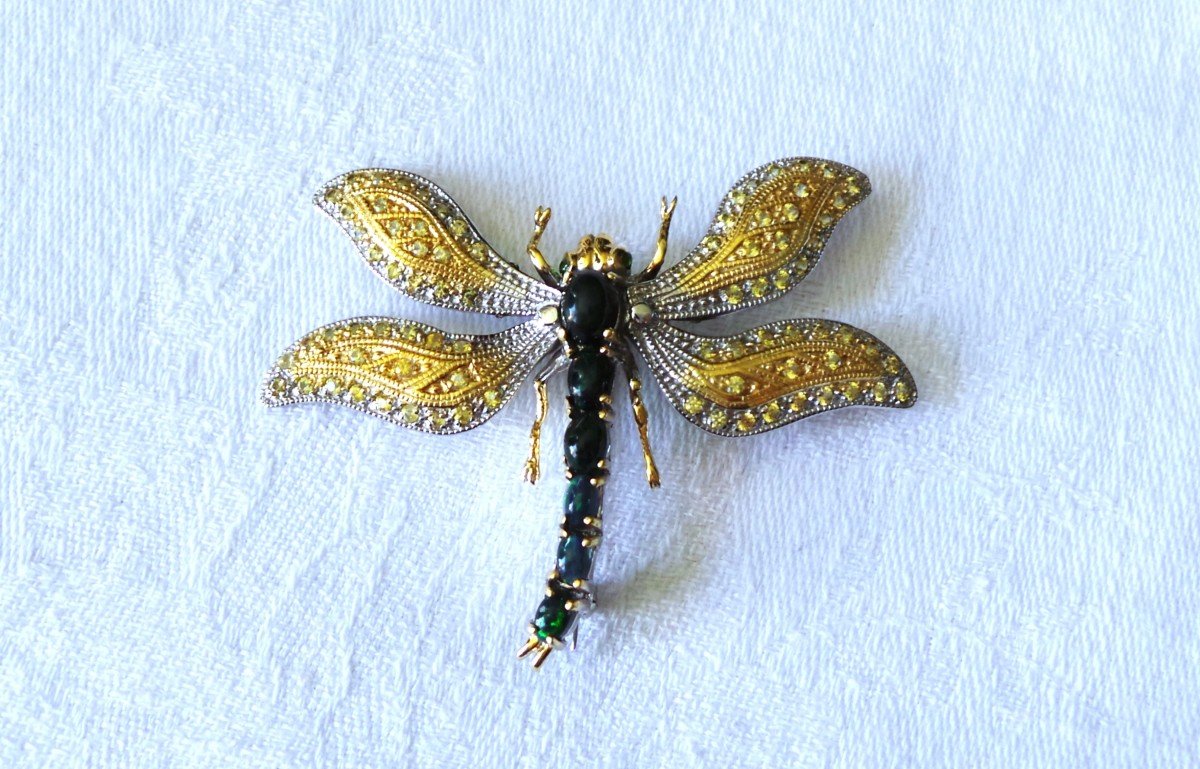 "dragonfly" Brooch Pendant In Silver & Vermeil - Black Opals - Yellow Sapphires - XX°-photo-5