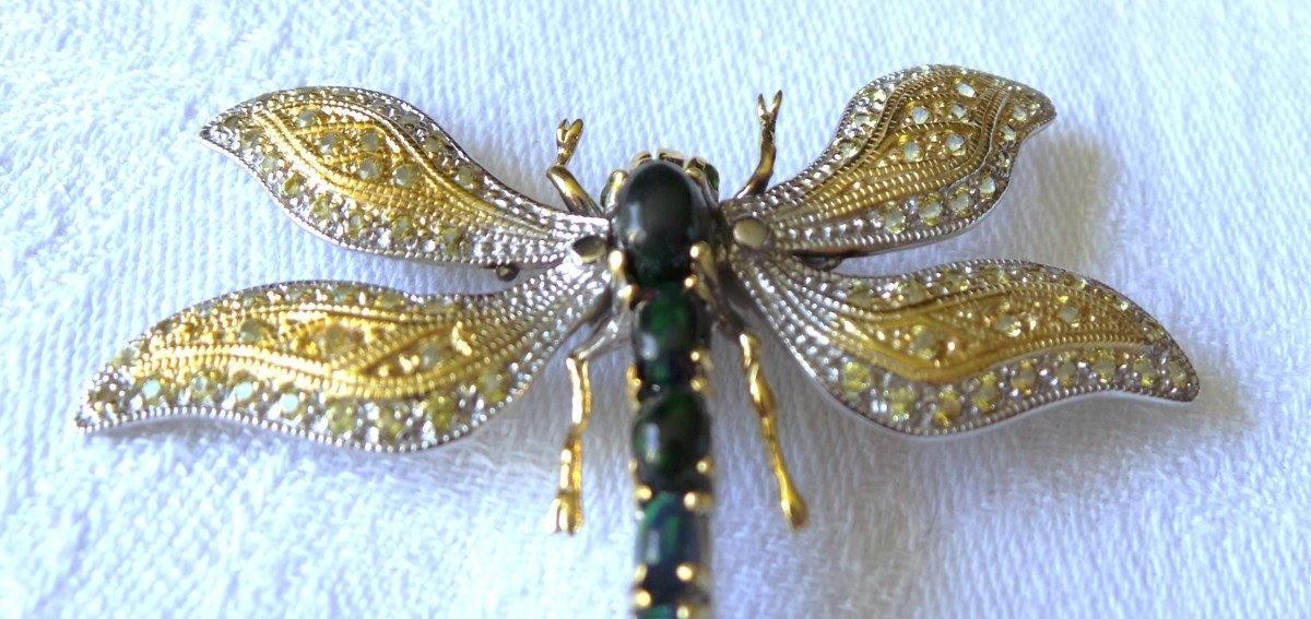 "dragonfly" Brooch Pendant In Silver & Vermeil - Black Opals - Yellow Sapphires - XX°-photo-6