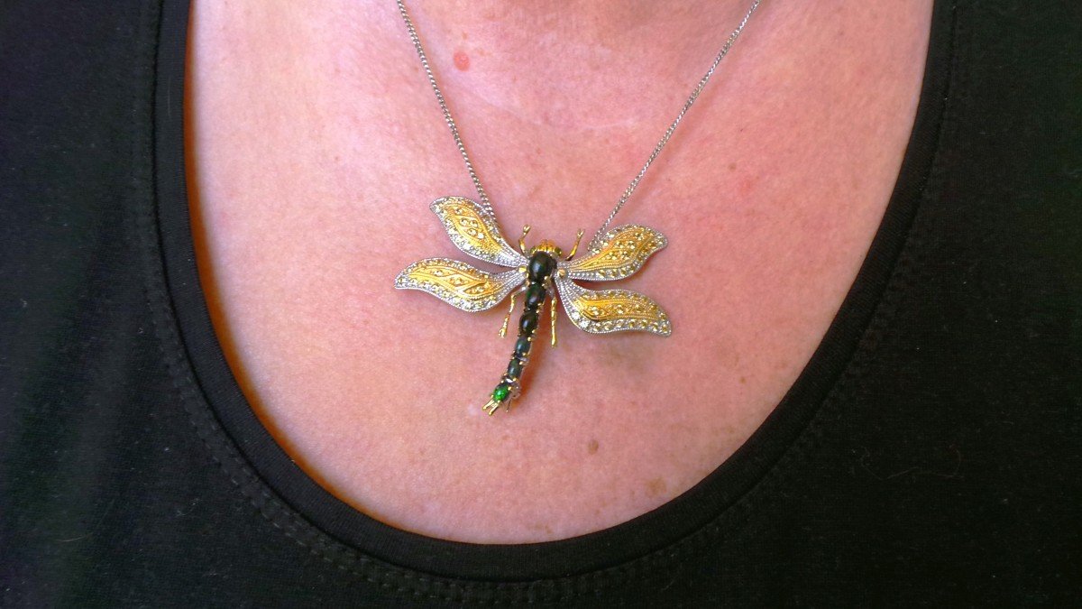 "dragonfly" Brooch Pendant In Silver & Vermeil - Black Opals - Yellow Sapphires - XX°-photo-7