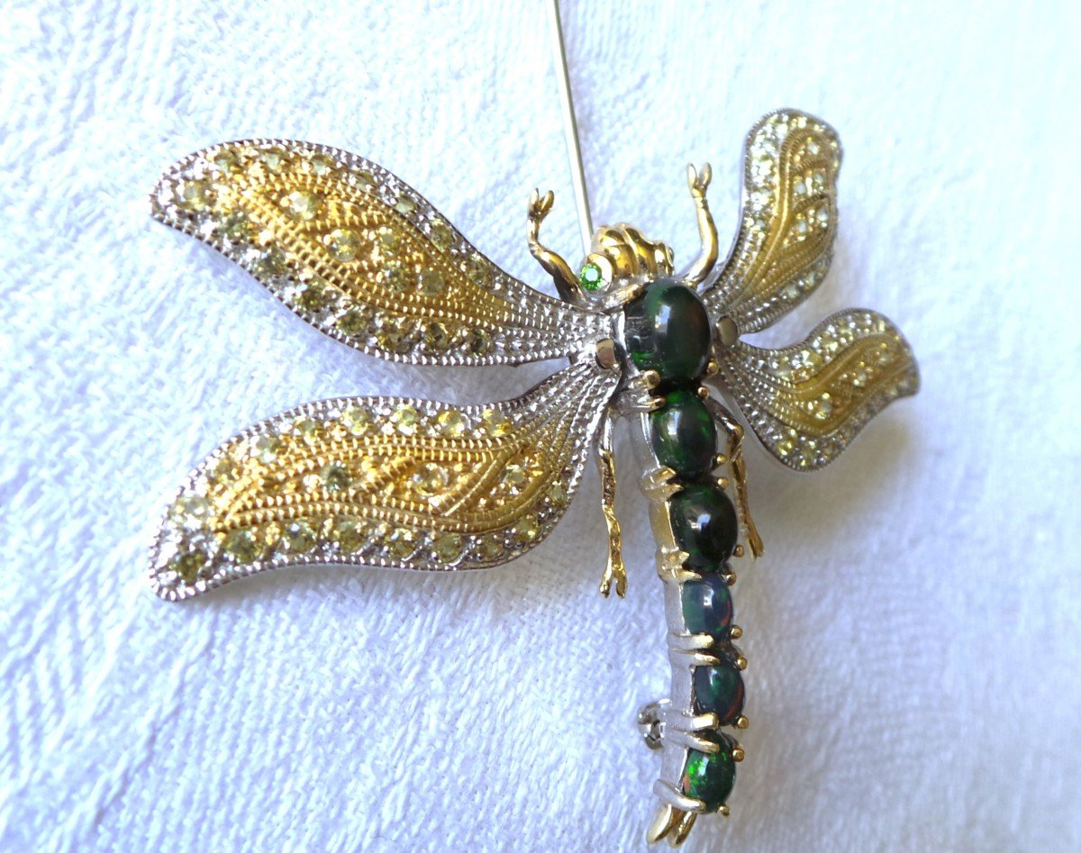 "dragonfly" Brooch Pendant In Silver & Vermeil - Black Opals - Yellow Sapphires - XX°-photo-8