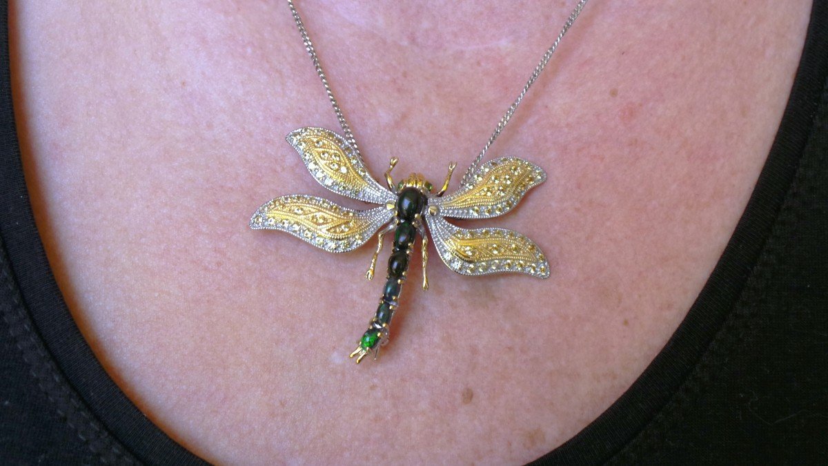 "dragonfly" Brooch Pendant In Silver & Vermeil - Black Opals - Yellow Sapphires - XX°