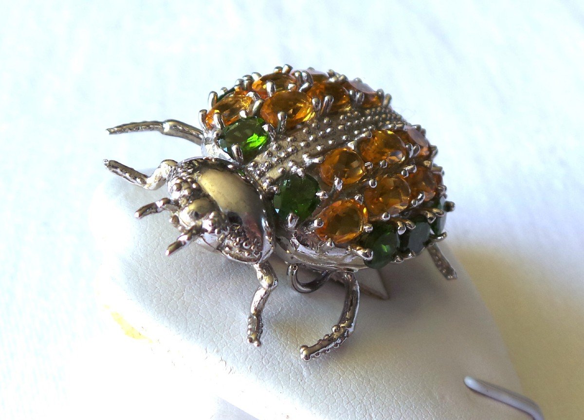 Pendant - Brooch - Ladybug - Silver - 16 Citrines & 8 Peridots - XX°-photo-2