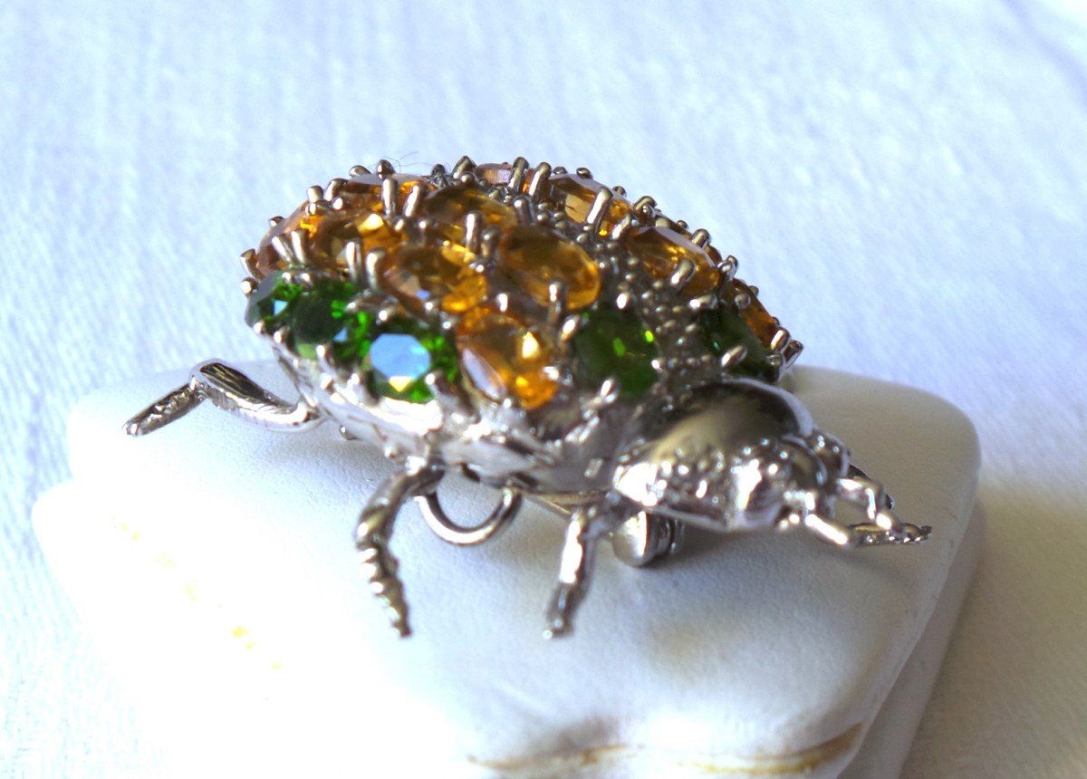 Pendant - Brooch - Ladybug - Silver - 16 Citrines & 8 Peridots - XX°-photo-3