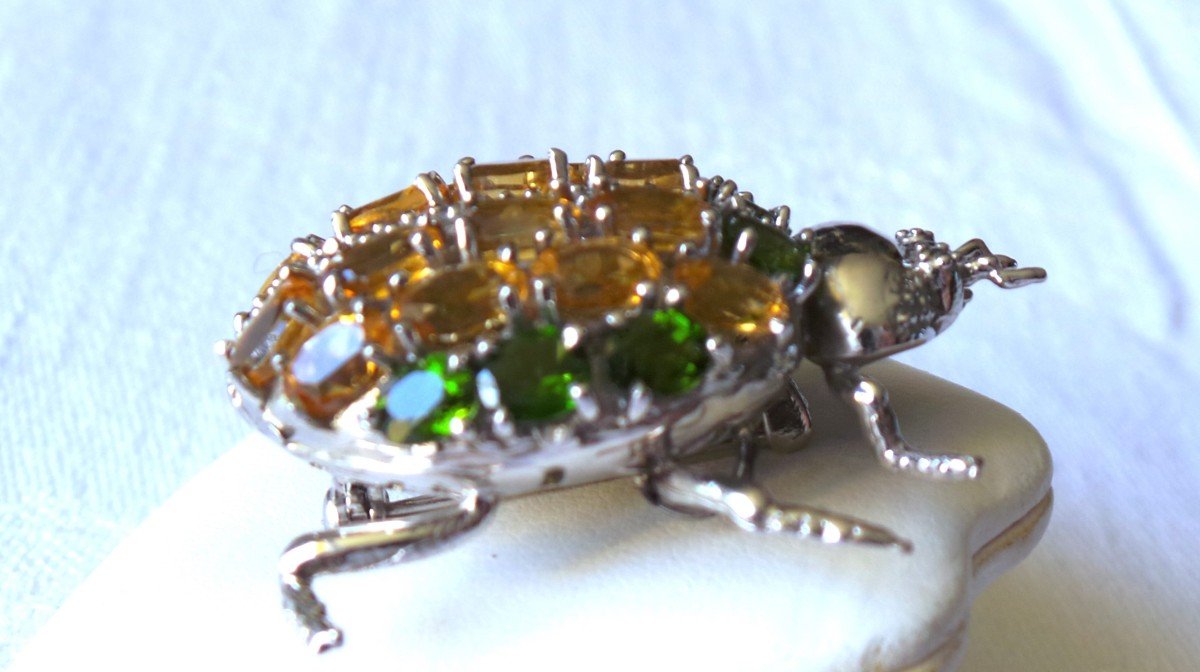 Pendant - Brooch - Ladybug - Silver - 16 Citrines & 8 Peridots - XX°-photo-4