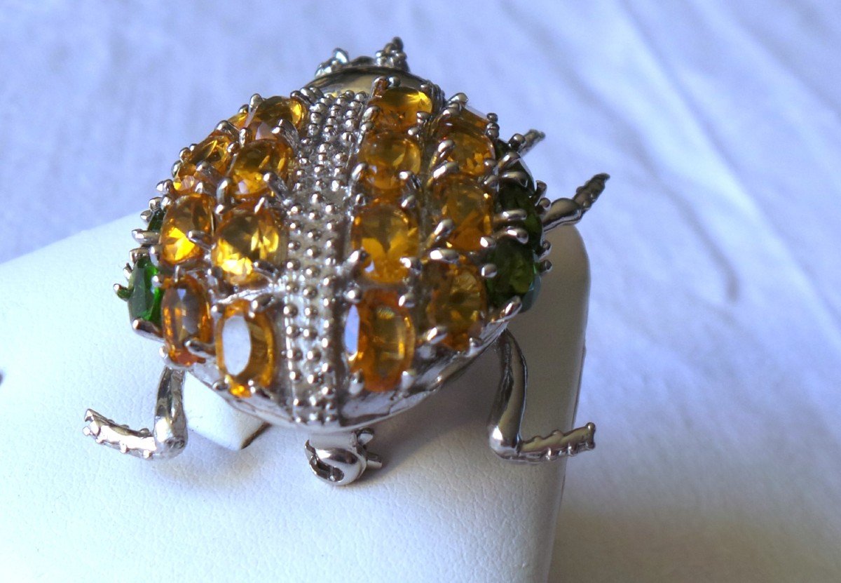 Pendant - Brooch - Ladybug - Silver - 16 Citrines & 8 Peridots - XX°-photo-1