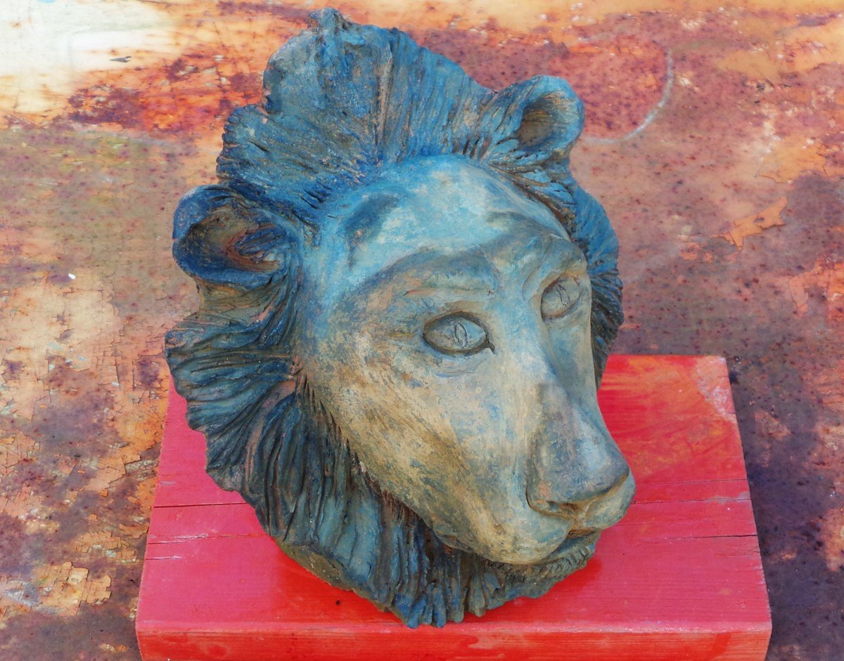 " TETE DE LION "  -TERRE CUITE PATINE BRONZE- PH.J.DARONDEAU -SCULPTEUR RETAIS-photo-2