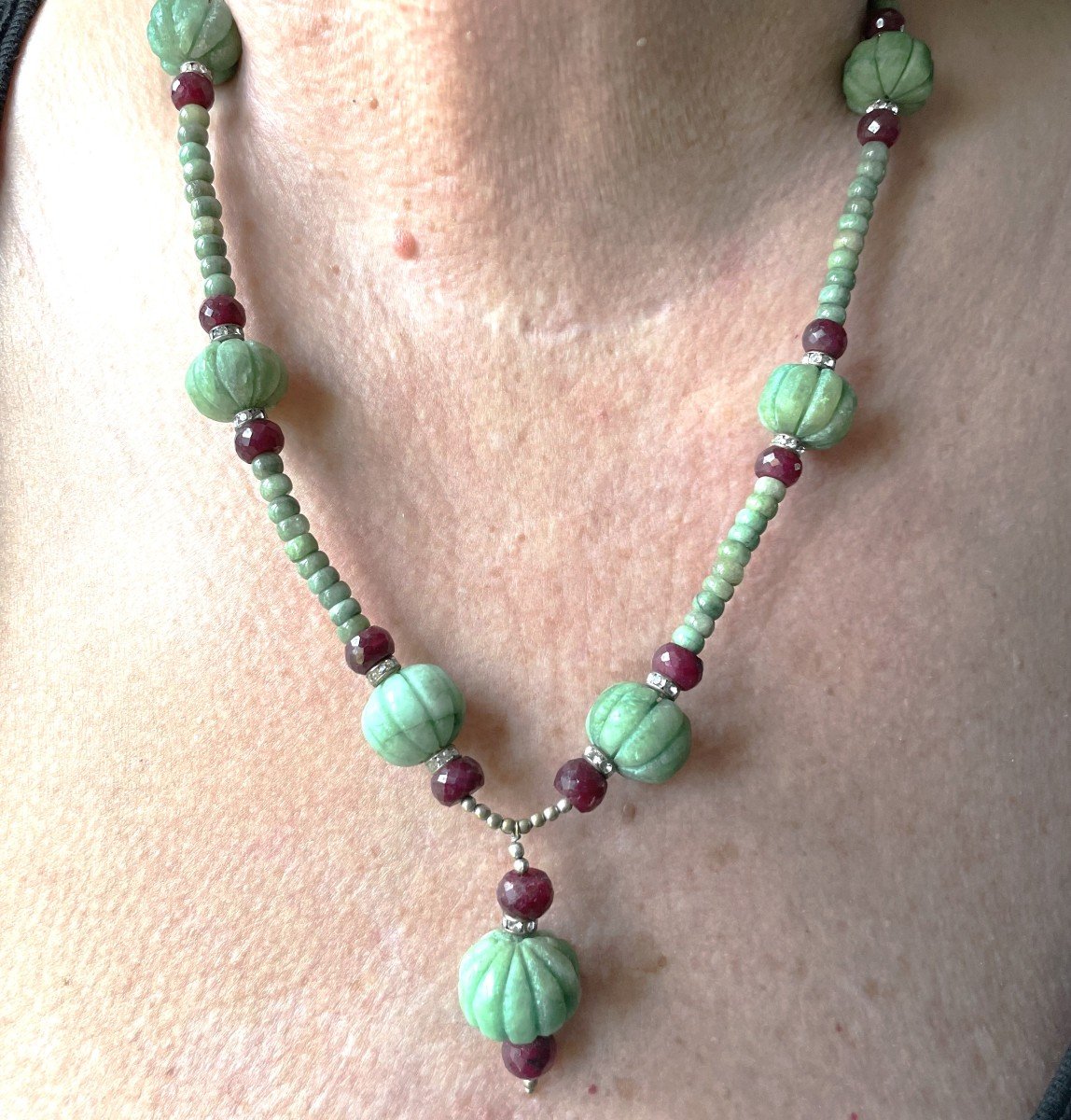 Cote De Melon & Ruby Emerald Cabochon Necklace - XX° -photo-2