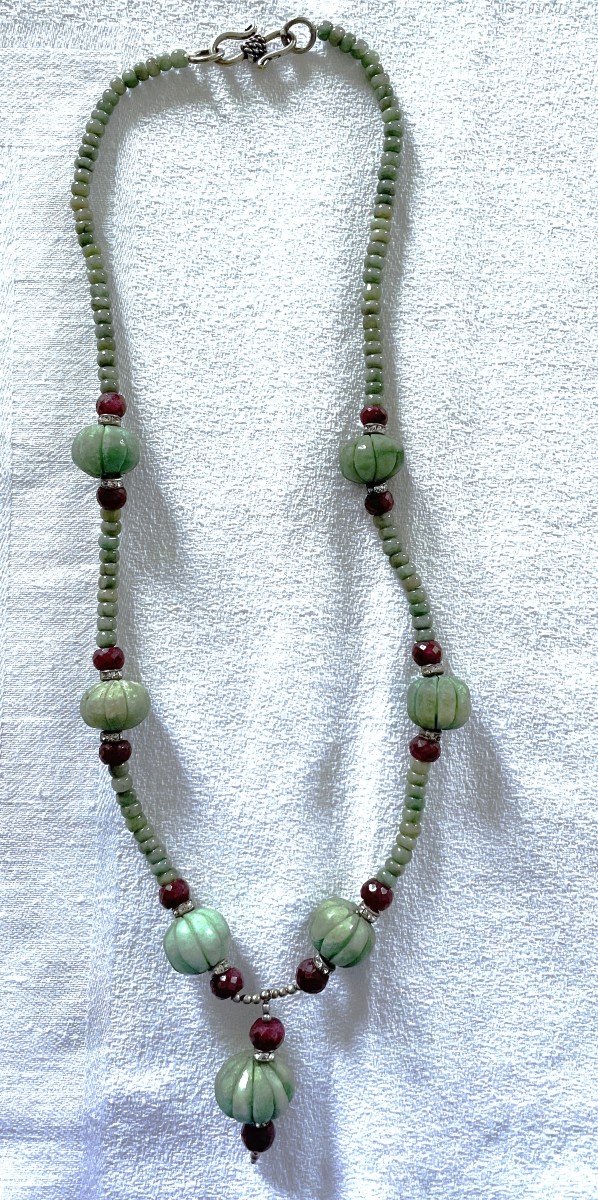 Cote De Melon & Ruby Emerald Cabochon Necklace - XX° -photo-3