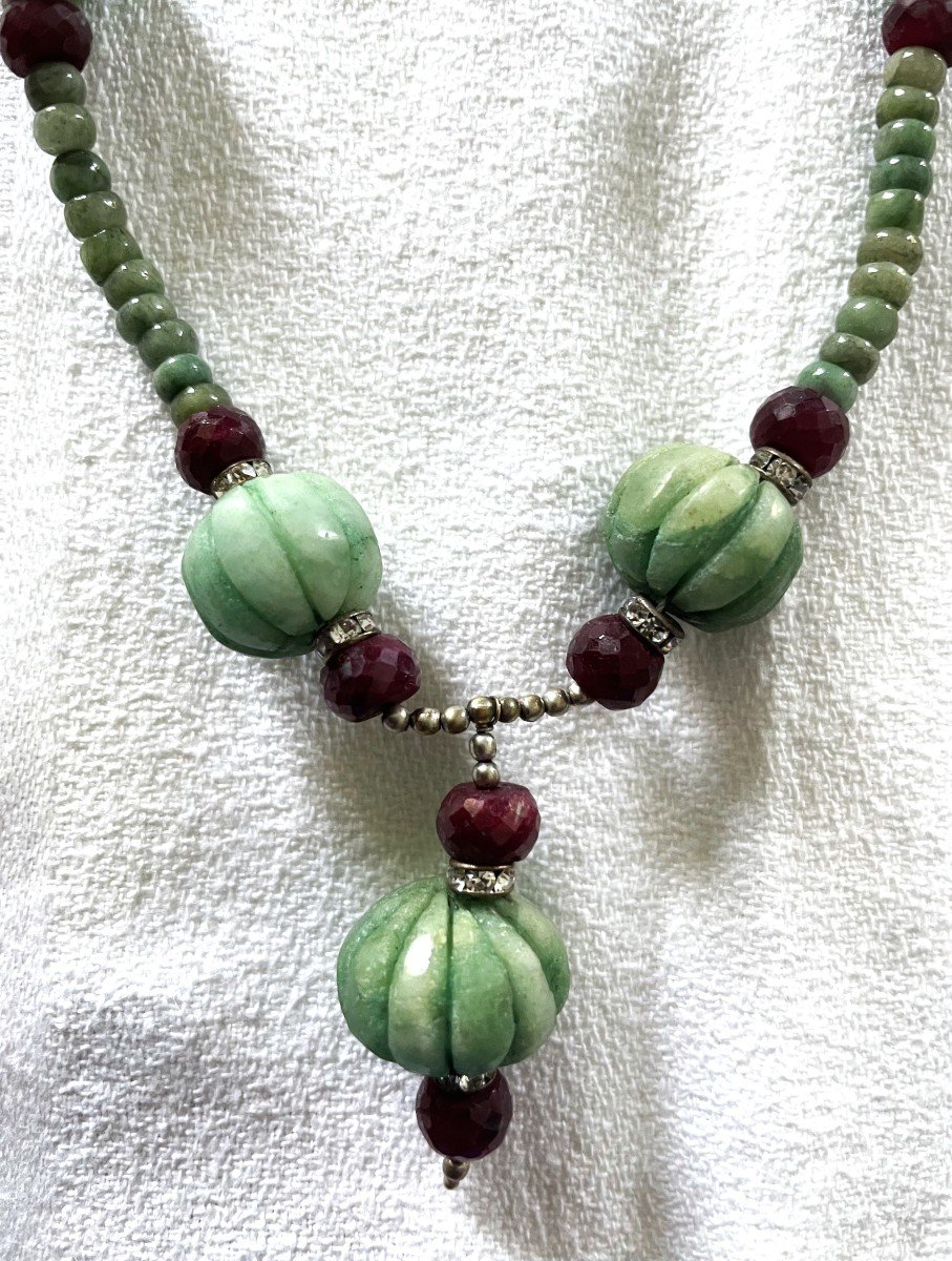 Cote De Melon & Ruby Emerald Cabochon Necklace - XX° -photo-4