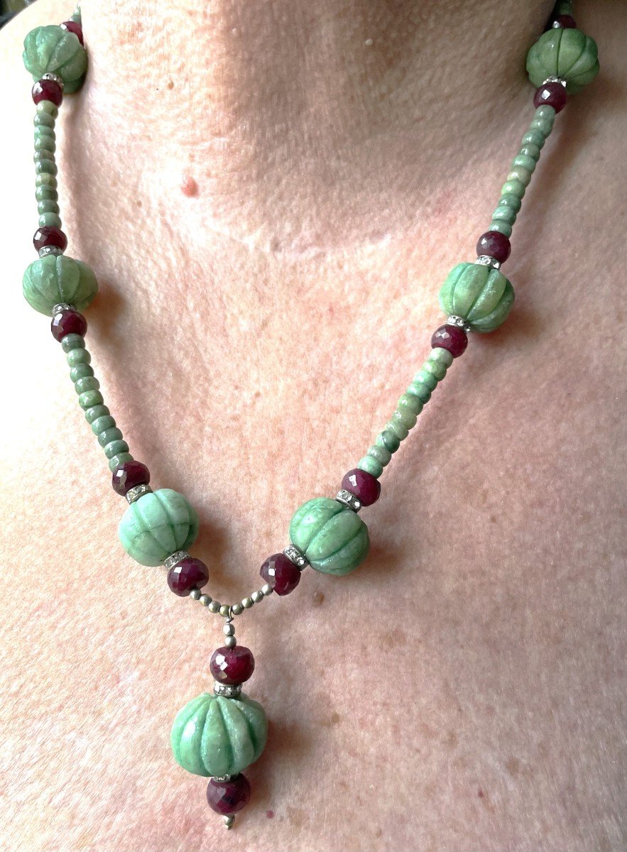 Cote De Melon & Ruby Emerald Cabochon Necklace - XX° -photo-5