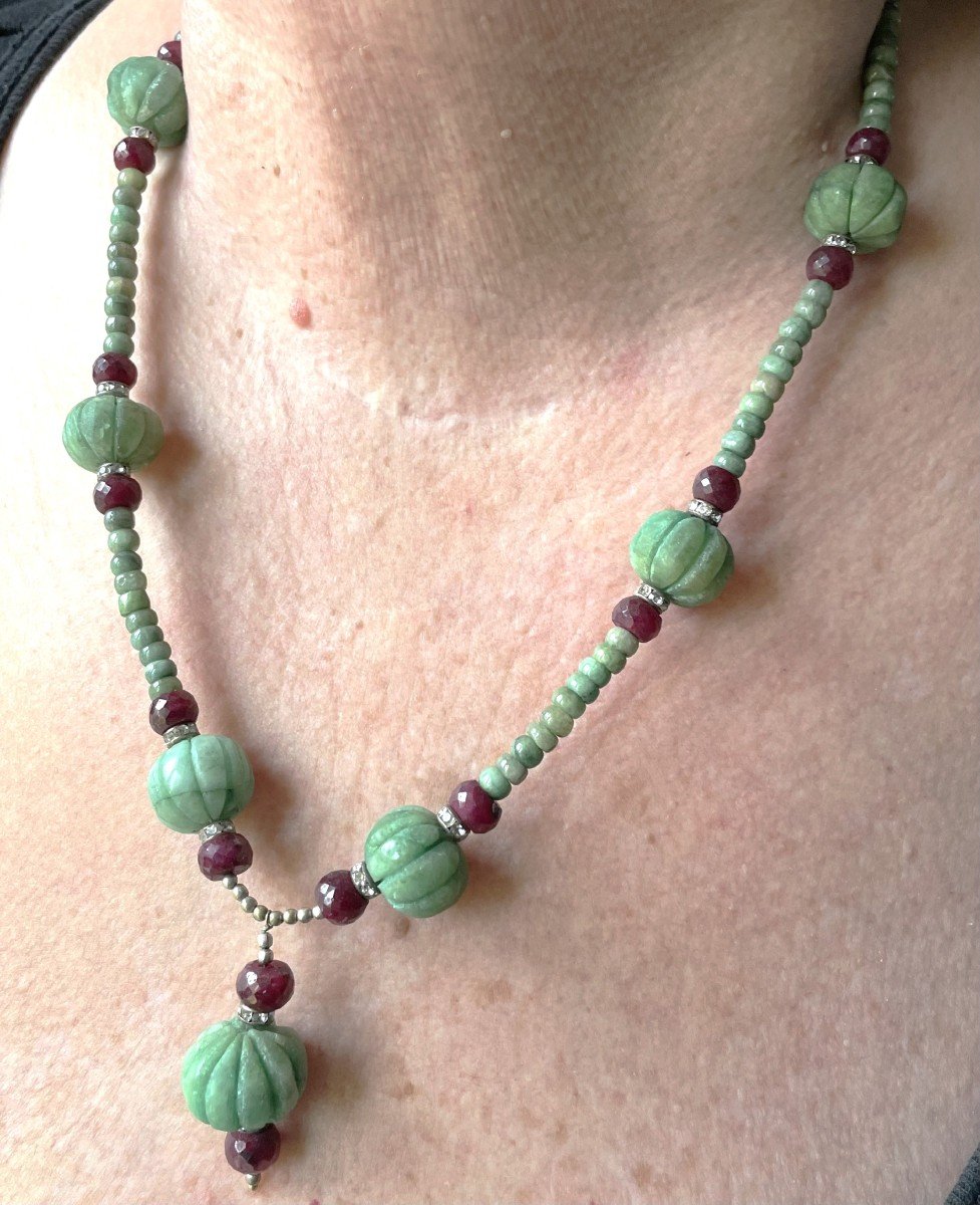 Cote De Melon & Ruby Emerald Cabochon Necklace - XX° 