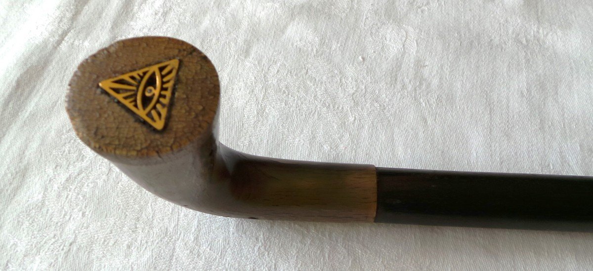 Cane With Masonic Decoration In Rosewood And Horn - Early 20th Century