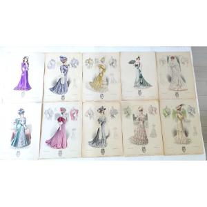 Lot Of 10 Fashion Engravings -19th - 20th - A- Souchel- Fashion Style. 1881-1909