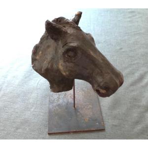 Resting Horse's Head - Terracotta With Green Bronze Patina - Ph-j.darondeau - Retais Sculptor -