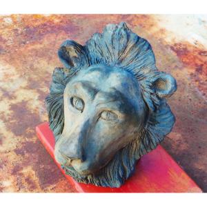 " TETE DE LION "  -TERRE CUITE PATINE BRONZE- PH.J.DARONDEAU -SCULPTEUR RETAIS