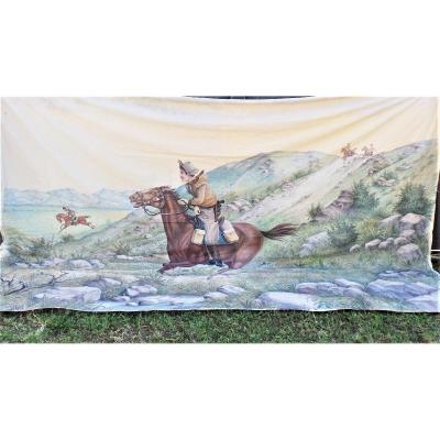 GRANDE BANNIERE  FORAINE SUR TOILE  -THEME-  "FAR WEST- PONEY EXPRESS-"