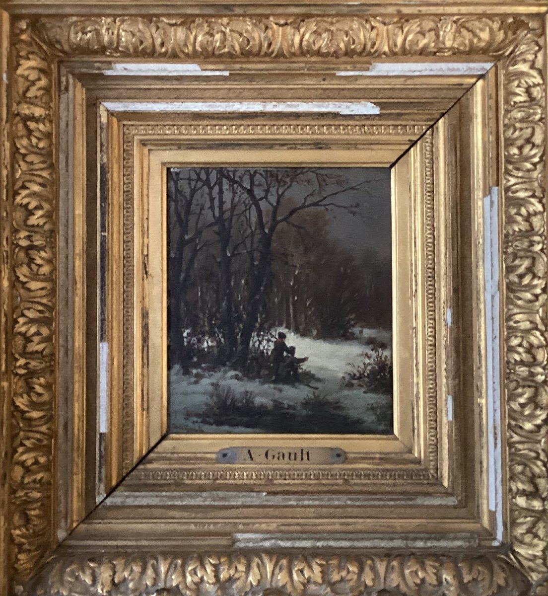 Alfred de GAULT « enfants appâtant un renard sous la neige » - huile sur panneau XIXe, chasse -photo-3