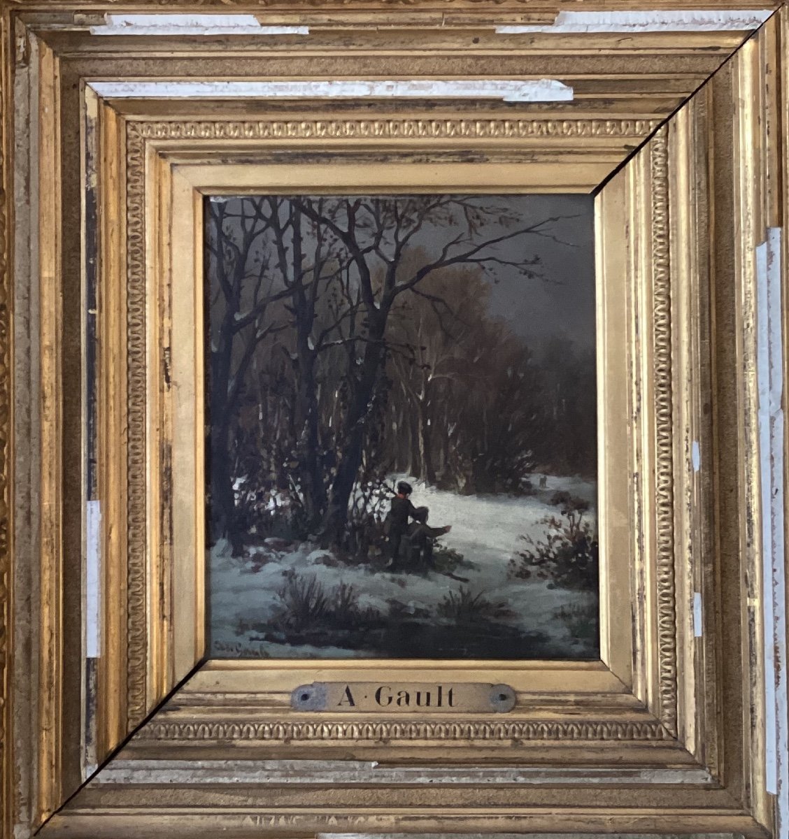 Alfred de GAULT « enfants appâtant un renard sous la neige » - huile sur panneau XIXe, chasse -photo-4