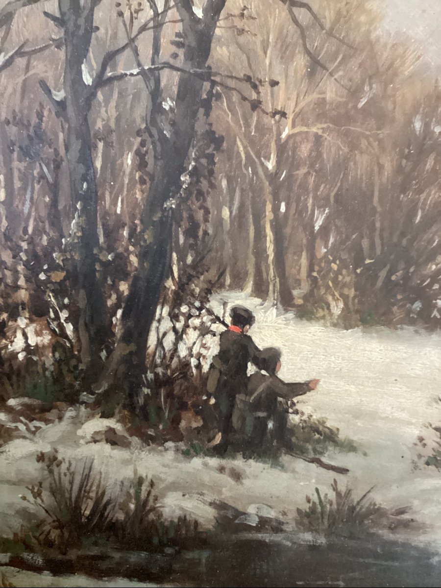 Alfred de GAULT « enfants appâtant un renard sous la neige » - huile sur panneau XIXe, chasse -photo-3