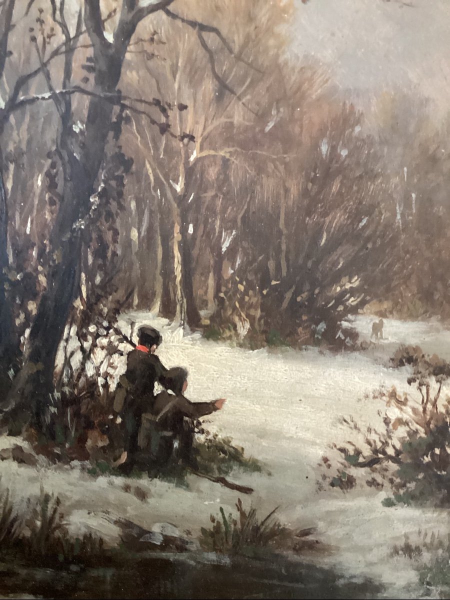 Alfred de GAULT « enfants appâtant un renard sous la neige » - huile sur panneau XIXe, chasse -photo-4