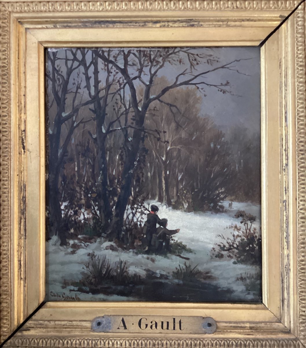 Alfred de GAULT « enfants appâtant un renard sous la neige » - huile sur panneau XIXe, chasse 