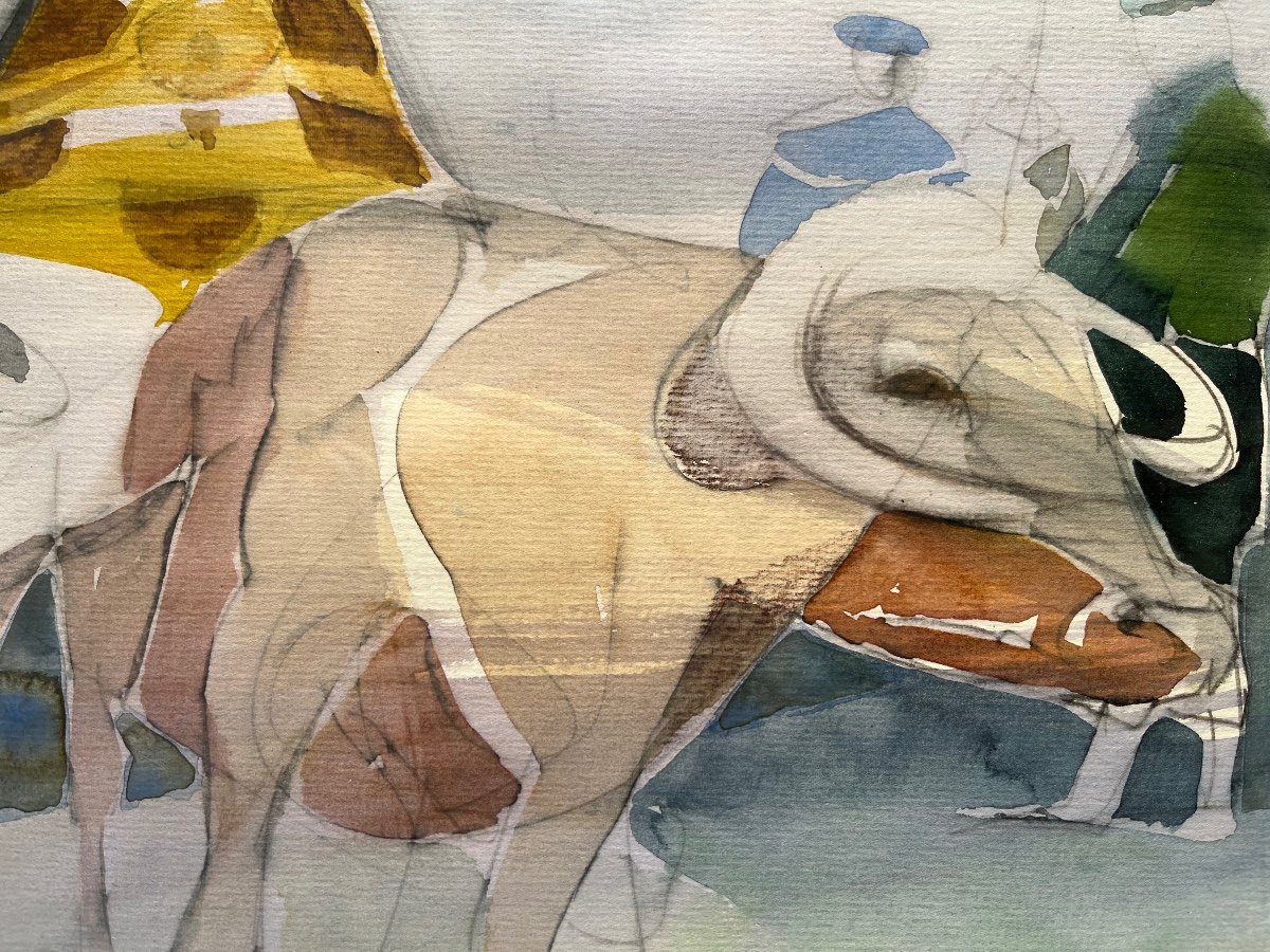 Camille Hilaire Bull In Procession Original Watercolor Animal Religion Mythology -photo-4